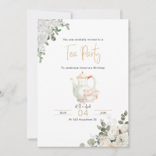 Gold Floral Tea Party Verjaardag Uitnodiging