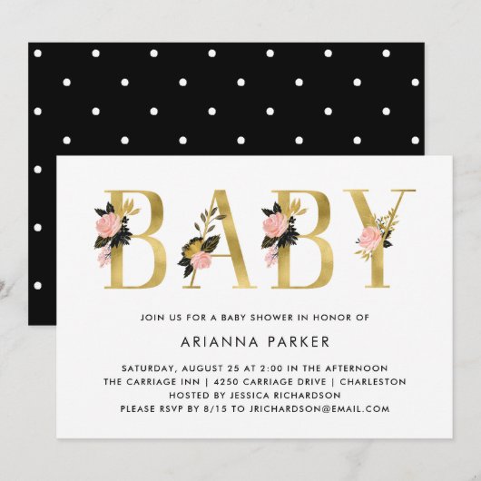  Gold Floral-tekst met zwart | Baby shower Kaart (Voorkant / Achterkant)