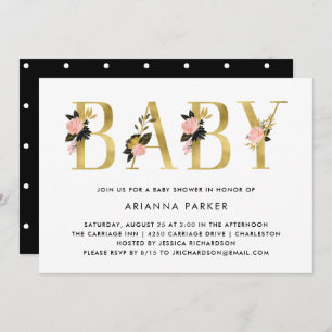  Gold Floral-tekst met zwart   Baby shower Kaart