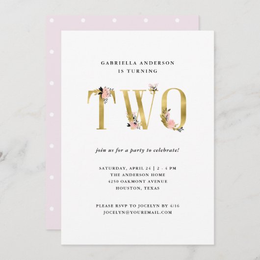  Gold Floral-tekst | Tweede verjaardag Kaart (Voorkant / Achterkant)