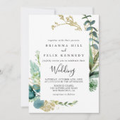 Gold Floral Tropical Greenery Front & Back Wedding Kaart (Voorkant)