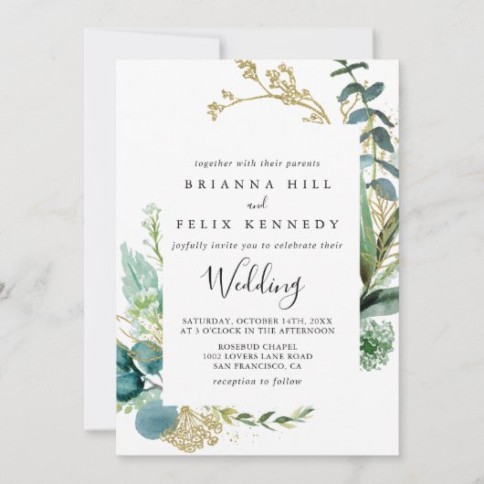 Gold Floral Tropical Greenery Front & Back Wedding Kaart (Voorkant)