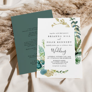 Gold Floral Tropical Greenery Front & Back Wedding Kaart