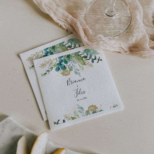 Gold Floral Tropical Greenery Wedding Napkin Servet