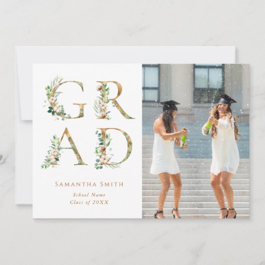 Gold Floral Typography Modern Photo Afstuderen Aankondiging (Voorkant)