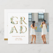 Gold Floral Typography Modern Photo Afstuderen Uitnodiging Briefkaart (Voorkant / Achterkant)