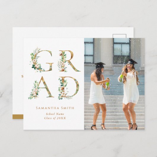 Gold Floral Typography Modern Photo Afstuderen Uitnodiging Briefkaart (Voorkant / Achterkant)