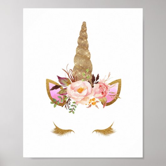 Gold Floral Unicorn Face Nursery Print Poster (Voorkant)