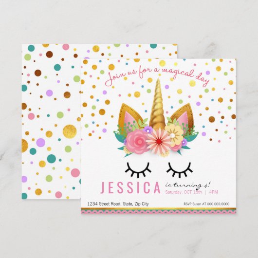 Gold Floral Unicorn Kaart (Voorkant / Achterkant)