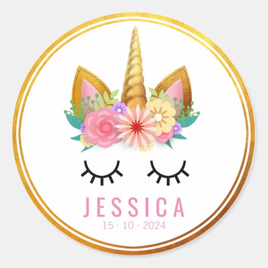 Gold Floral Unicorn Ronde Sticker (Voorkant)