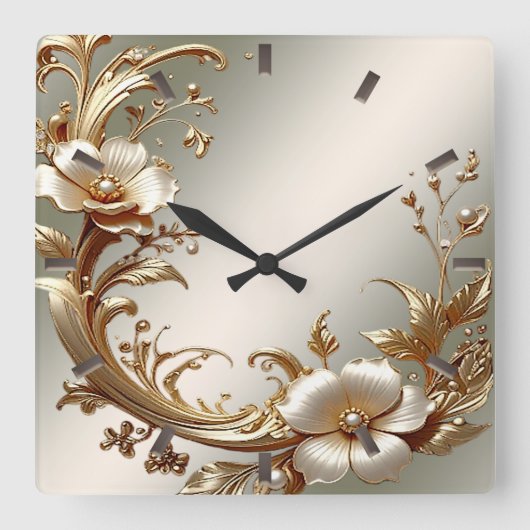 Gold Floral Wall Clock Vierkante Klok (Voorkant)