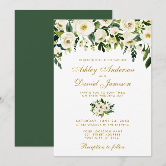 Gold Floral Waterverf Green Wedding Invitation GB Kaart (Voorkant / Achterkant)