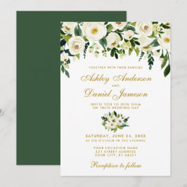 Gold Floral Waterverf Green Wedding Invitation GB Kaart