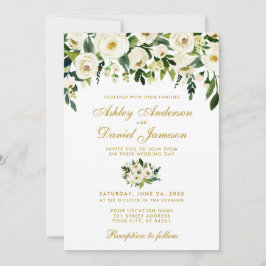 Gold Floral Waterverf Green Wedding Invitation Kaart