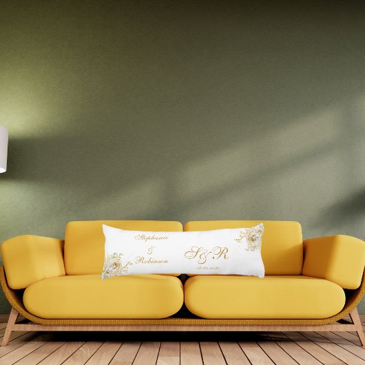 Gold Floral Waterverf Monogram Weddenschap Lichaamskussen