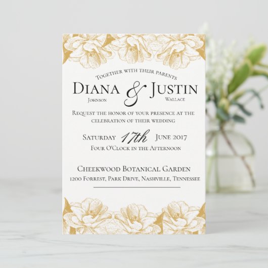 Gold Floral Wedding Invitation Kaart (Staand voorkant)