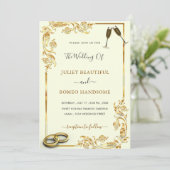 Gold Floral Wedding Invitation + Rings & Champagne (Staand voorkant)