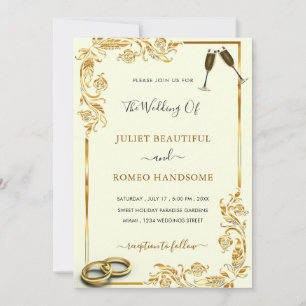 Gold Floral Wedding Invitation + Rings & Champagne
