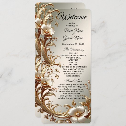 Gold Floral Wedding Program Programmakaart (Voorkant / Achterkant)