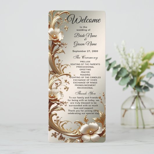 Gold Floral Wedding Program Programmakaart (Staand voorkant)