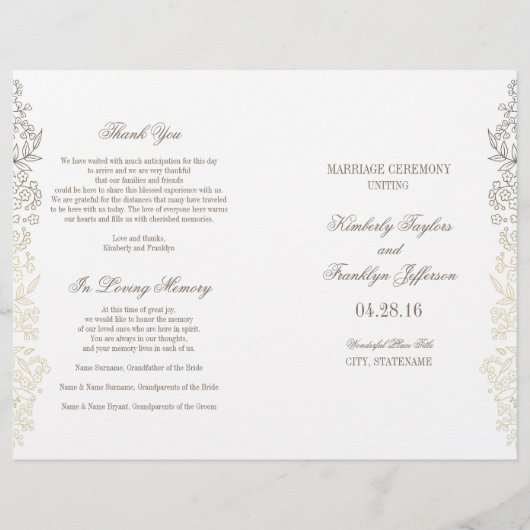 Gold  Floral Wedding Programma's (Voorkant)