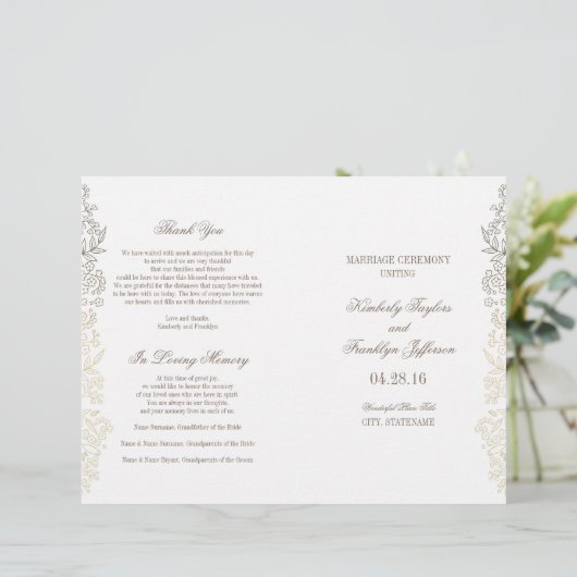Gold  Floral Wedding Programma's (Staand voorkant)