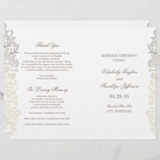 Gold  Floral Wedding Programma's (Voorkant / Achterkant)