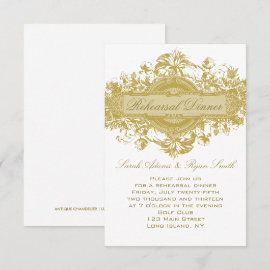 GOLD FLORAL WEDDING REHEARSAL DINER CARD KAART (Voorkant / Achterkant)
