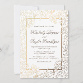 Gold Floral White Vintage Wedding Invitation Kaart