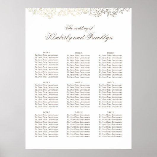 Gold Floral White Wedding Seating Chart Poster (Voorkant)