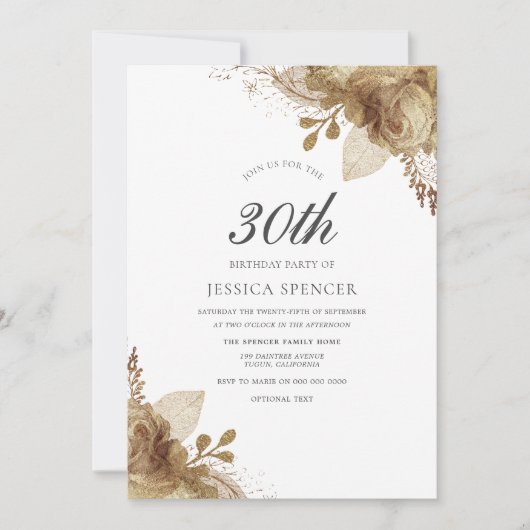 Gold Floral Womans Mannen 30th Birthday Party Invi Kaart (Voorkant)