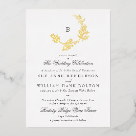 Gold Floral Wreath Classic Monogram Wedding Folie Uitnodiging