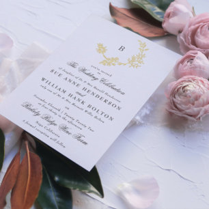 Gold Floral Wreath Classic Monogram Wedding Folie Uitnodiging