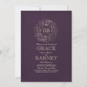 Gold Floral Wreath Monogram Plum Wedding Kaart (Voorkant)
