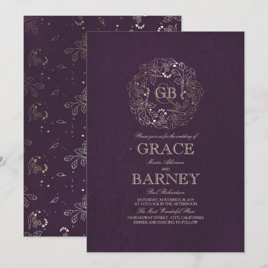 Gold Floral Wreath Monogram Plum Wedding Kaart (Voorkant / Achterkant)