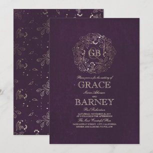 Gold Floral Wreath Monogram Plum Wedding Kaart
