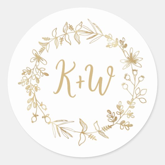 Gold Floral Wreath Wedding Initialen Ronde Sticker (Voorkant)