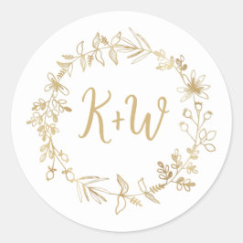 Gold Floral Wreath Wedding Initialen Ronde Sticker