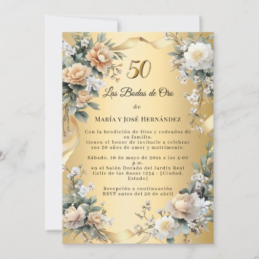 Gold Florals Invitación Bodas de Oro Kaart (Voorkant)