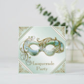 Gold Flourish Mask Masquerade Party Mint Green Kaart (Staand voorkant)