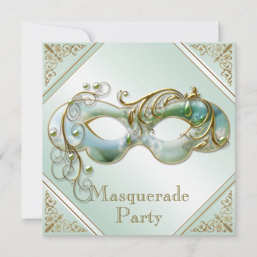 Gold Flourish Mask Masquerade Party Mint Green Kaart (Voorkant)