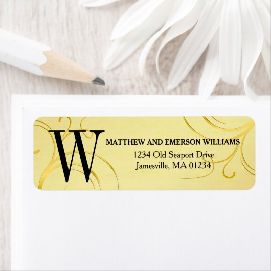 Gold Flourish Monogram Retouradres Labels (Insitu)