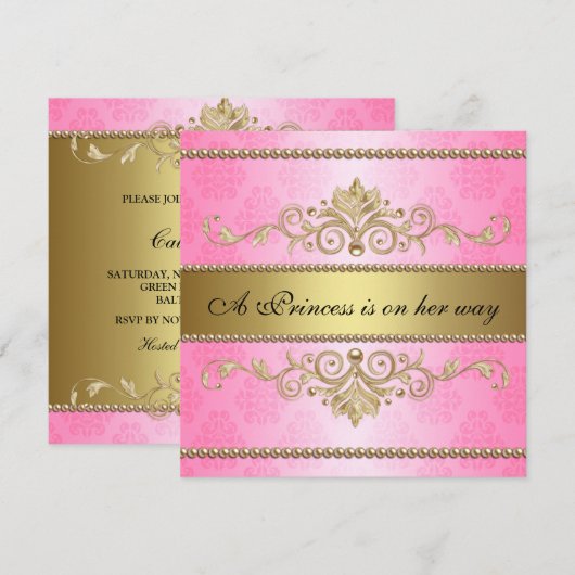 Gold Flourish Pattern Roze Meisje Baby shower Kaart (Voorkant / Achterkant)