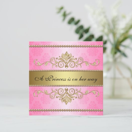 Gold Flourish Pattern Roze Meisje Baby shower Kaart (Staand voorkant)