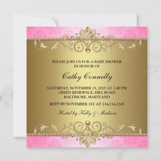 Gold Flourish Pattern Roze Meisje Baby shower Kaart (Achterkant)