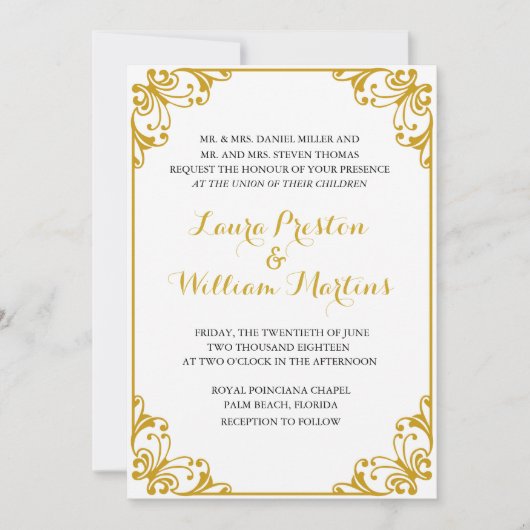 Gold Flourish Wedding Invitation Kaart (Voorkant)
