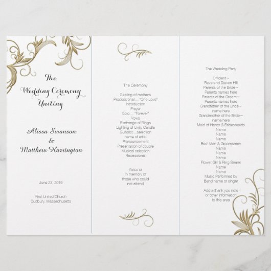 Gold Flourish White Tri-Fold Wedding Programme (Voorkant)