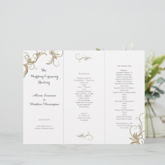 Gold Flourish White Tri-Fold Wedding Programme (Staand voorkant)