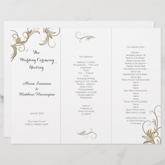 Gold Flourish White Tri-Fold Wedding Programme (Voorkant / Achterkant)