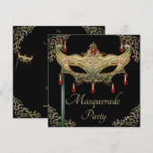 Gold Flourishes Ruby Mask Black Masquerade Party Kaart (Voorkant / Achterkant)